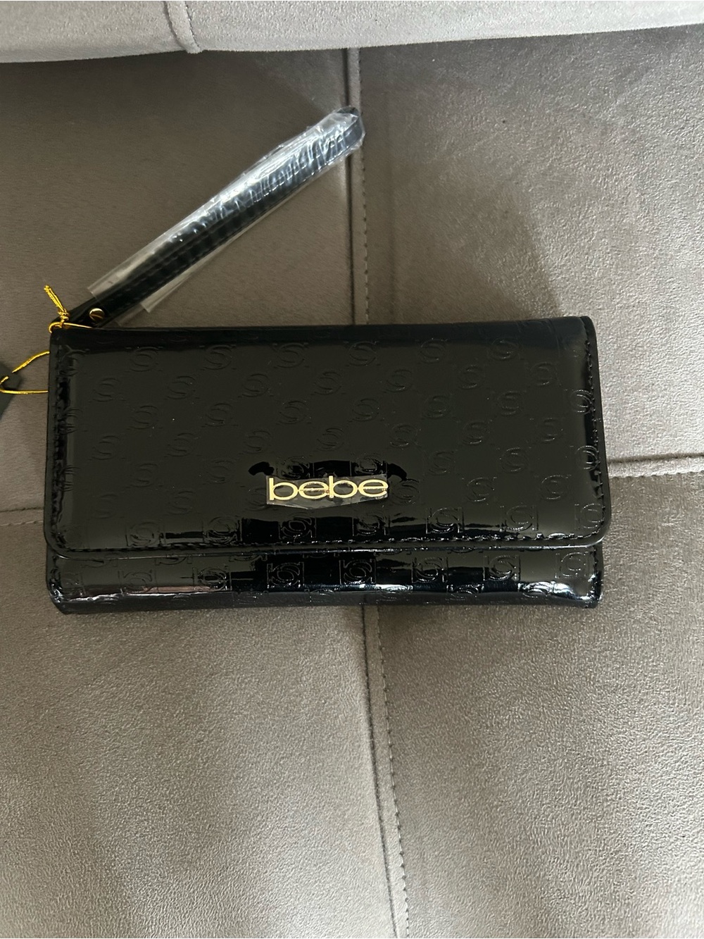 bebe Black Patent Logo-Embossed Wristlet Clutch